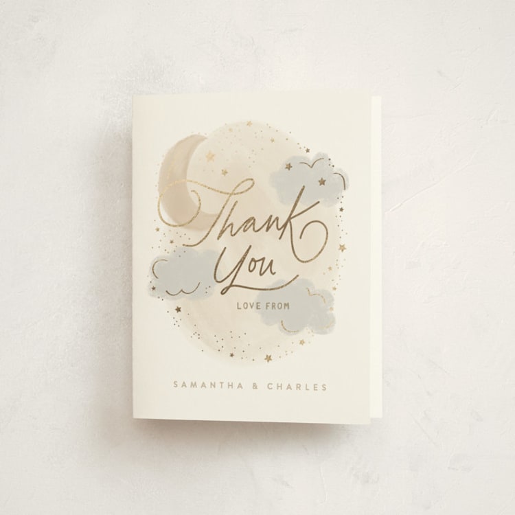 "Moon and stars" - Foil-Pressed Baby Shower Thank You Cards in Latte by Creo Study - Front