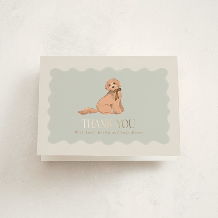 "Waiting for a sibling" - Foil-Pressed Baby Shower Thank You Cards in Sea Fog by Erin Kessler - Front