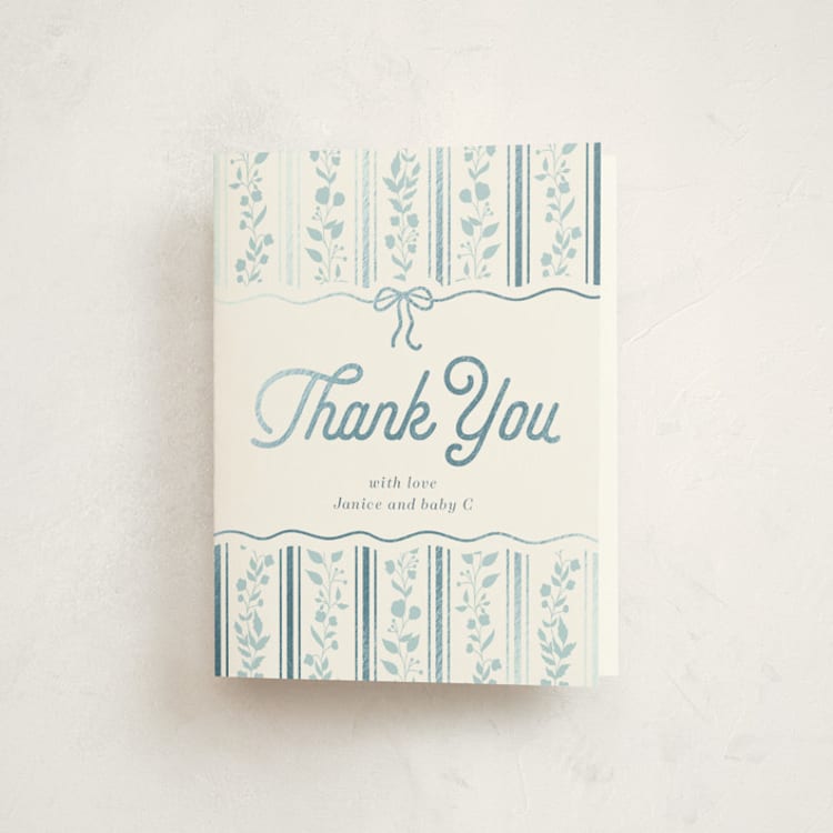 "Vintage Stripe" - Foil-Pressed Baby Shower Thank You Cards in Powder Blue by Anna Black - Front