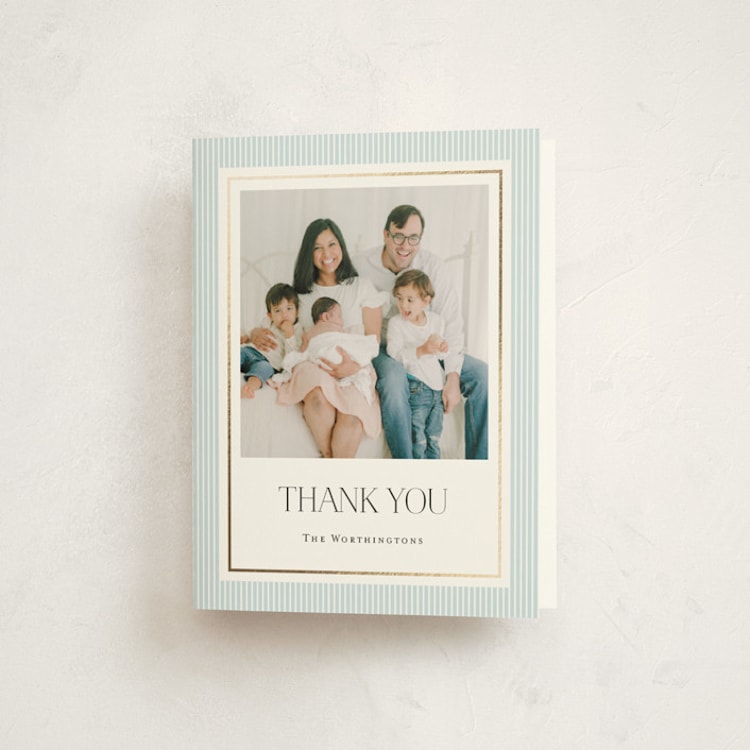 "Sweet Stripes" - Foil-Pressed Baby Shower Thank You Cards in Sky Blue by Lucrecia Caporale - Front