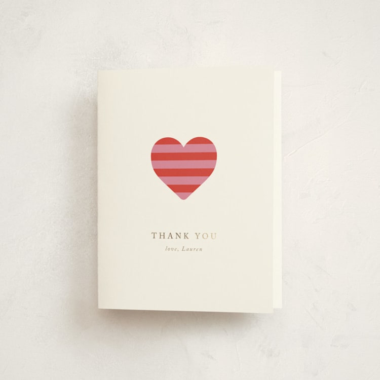 "Striped Baby Buggy" - Foil-Pressed Baby Shower Thank You Cards in Rose by mo kelley - Front