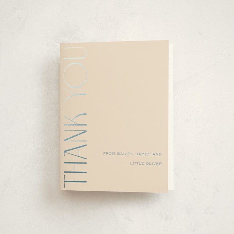"Ephrata" - Foil-Pressed Baby Shower Thank You Cards in Powder by Deynaaz Daraei - Front