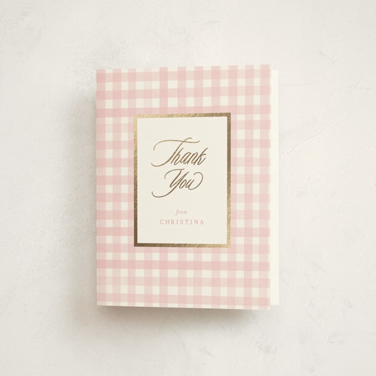 "Classic Gingham" - Foil-Pressed Baby Shower Thank You Cards in Cotton Candy by Creo Study - Front