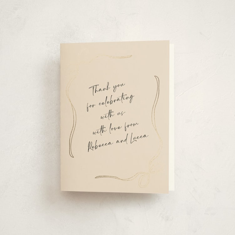 "Tied with Love" - Foil-Pressed Baby Shower Thank You Cards in Linen by Joyce Pinheiro - Front