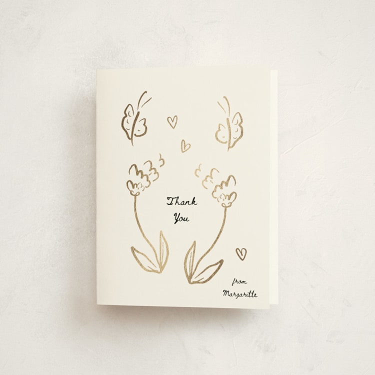 "Golden Flowers" - Foil-Pressed Baby Shower Thank You Cards in Cloud by Ani Somi - Front