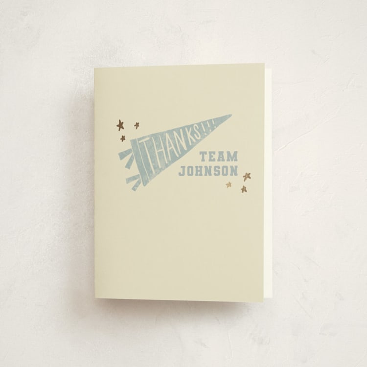 "Baseball Baby Shower" - Foil-Pressed Baby Shower Thank You Cards in Sky by Rebekah Canavan - Front