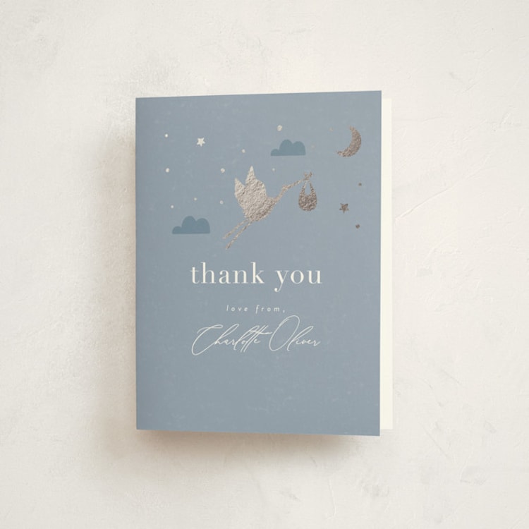 "Special Delivery" - Foil-Pressed Baby Shower Thank You Cards in Bluebell by Hudson meet Rose - Front