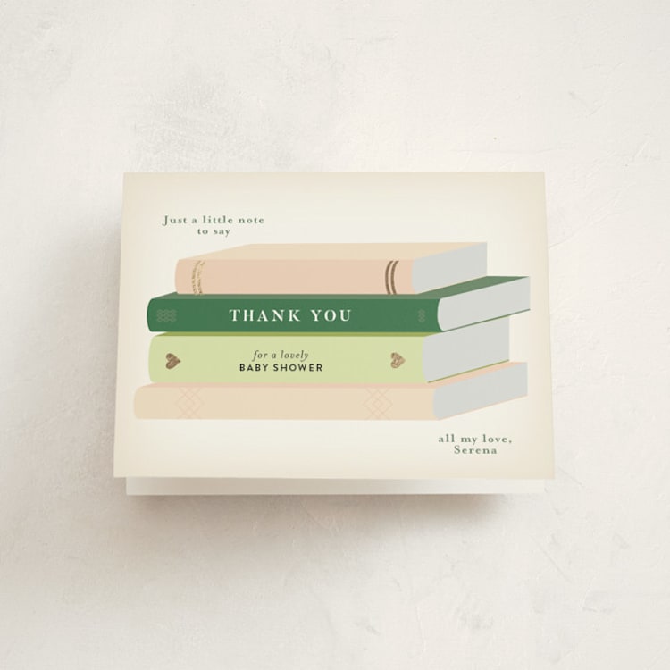 "Book Stack" - Foil-Pressed Baby Shower Thank You Cards in Blush by Palm Bridal - Front