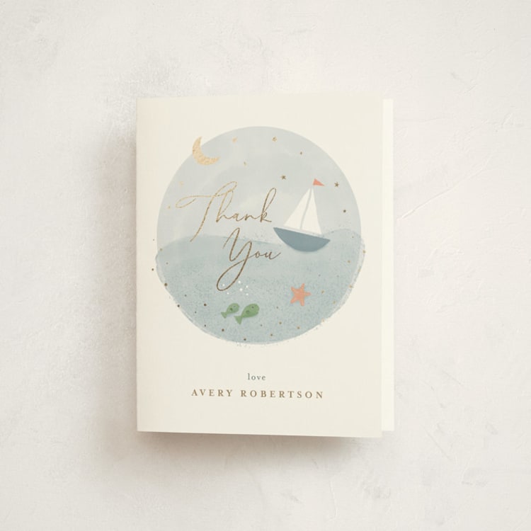 "Set Sail" - Foil-Pressed Baby Shower Thank You Cards in Pond by Jen Tips - Front