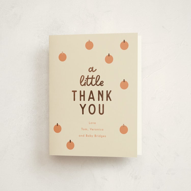 "A Little Pumpkin" - Foil-Pressed Baby Shower Thank You Cards in Pumpkin by Baumbirdy - Front