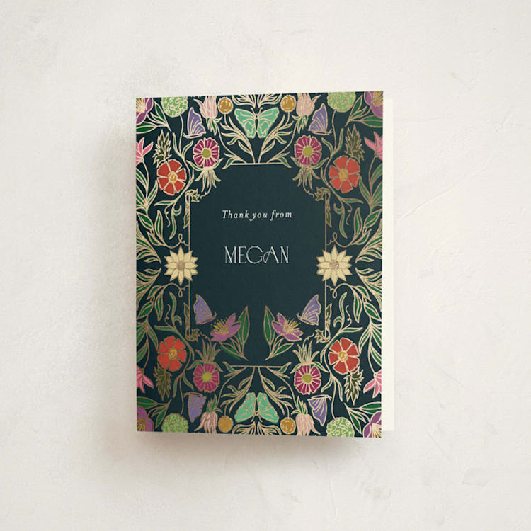 "Gilded Tapestry" - Foil-Pressed Baby Shower Thank You Cards in Midnight Garden by Simona Camp - Front