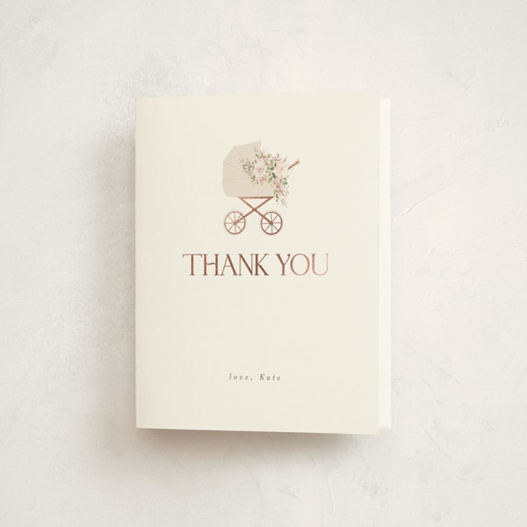 "Baby Carriage" - Foil-Pressed Baby Shower Thank You Cards in Dusty Rose by Itsy Belle Studio - Front
