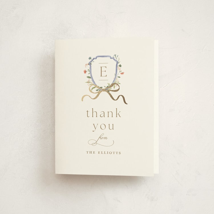 "Floral Crested" - Foil-Pressed Baby Shower Thank You Cards in Icing by Everett Paper Goods - Front