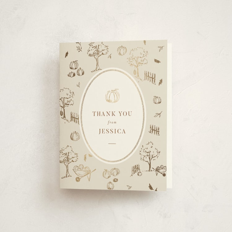"autumn toile" - Foil-Pressed Baby Shower Thank You Cards in Acorn by Rebecca Durflinger - Front