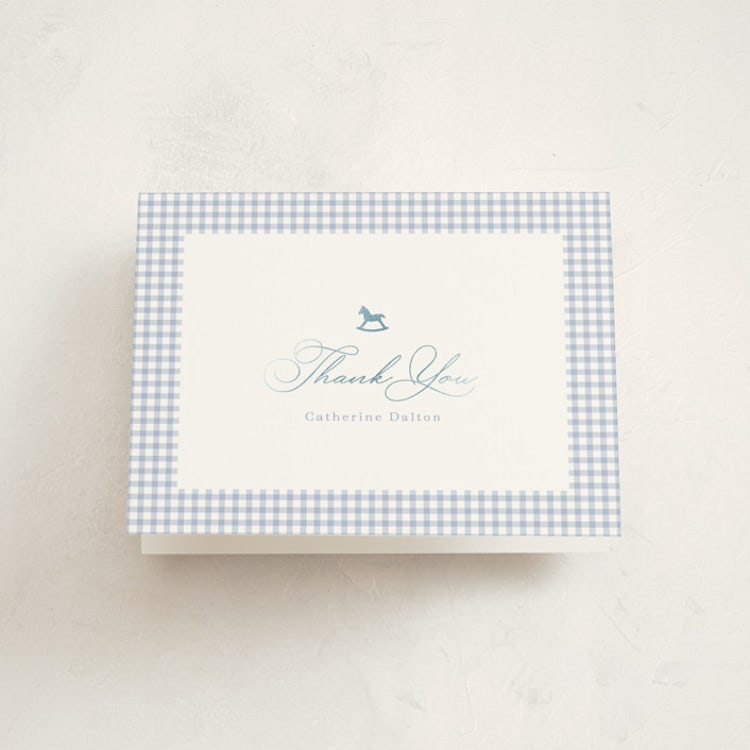 "Gingham Rockinghorse" - Foil-Pressed Baby Shower Thank You Cards in Baby Blue by Olivia Raufman - Front