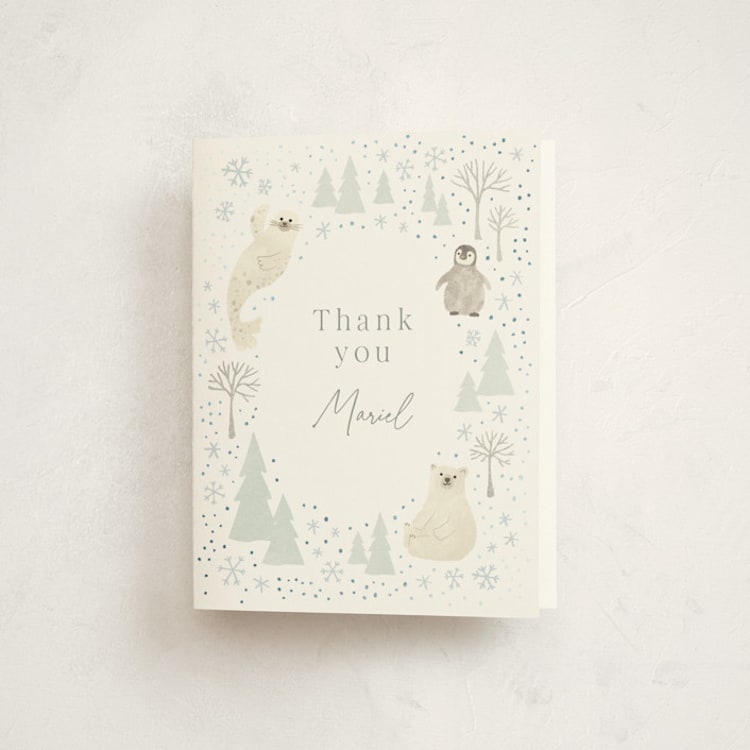 "Arctic friends" - Foil-Pressed Baby Shower Thank You Cards in Seafoam by Jennifer Wick - Front