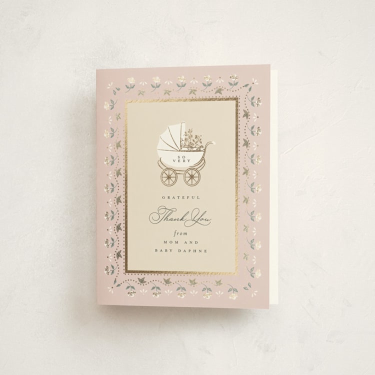 "Petal & Pram" - Foil-Pressed Baby Shower Thank You Cards in Antique Blush by Ana de Sousa - Front
