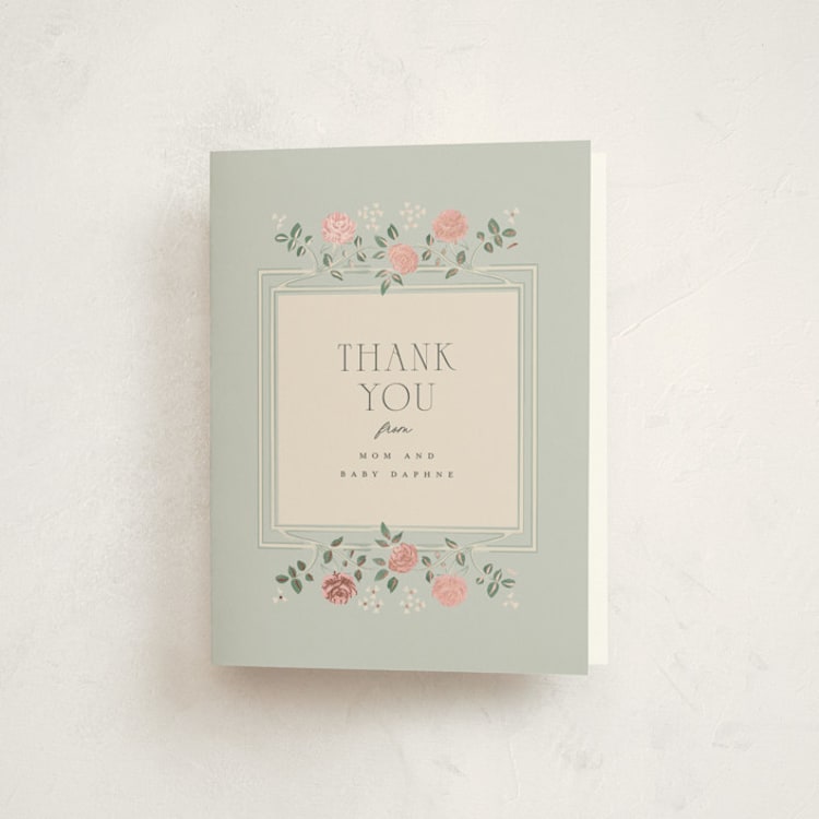 "Parisian Roses" - Foil-Pressed Baby Shower Thank You Cards in Antique Sky by Ana de Sousa - Front