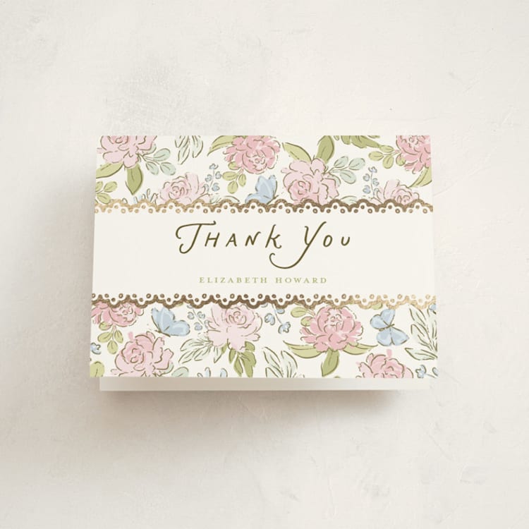 "Floral & Lace Baby Shower" - Foil-Pressed Baby Shower Thank You Cards in Peony by Holton Art and Design - Front