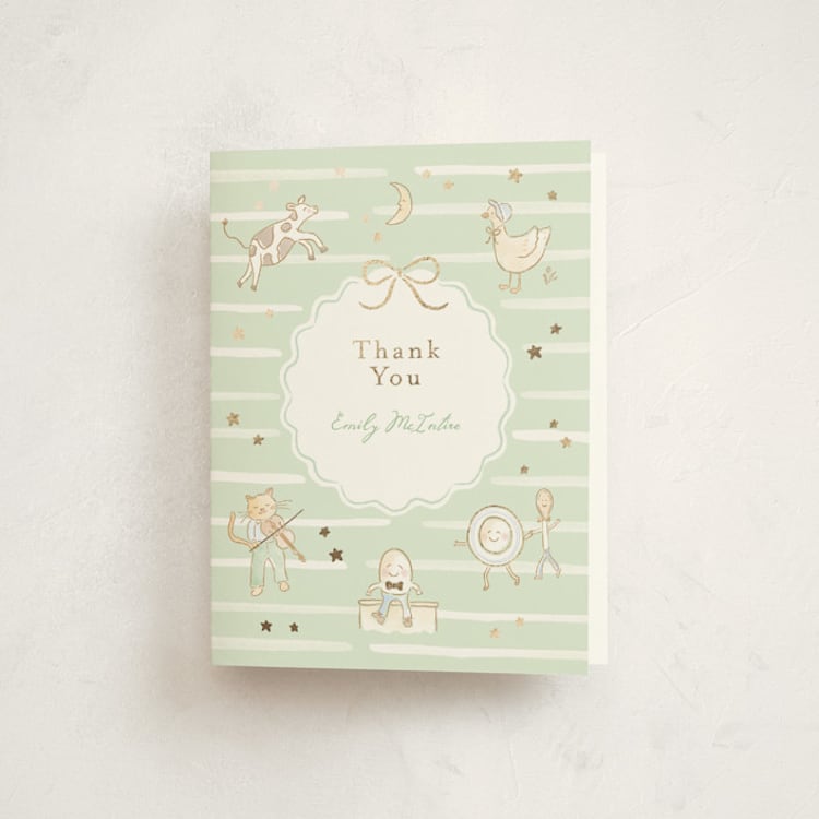 "Nursery Rhyme" - Foil-Pressed Baby Shower Thank You Cards in Mint by Jennifer Wick - Front