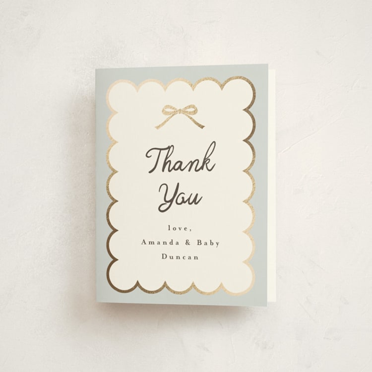 "Scallop & Little Bow" - Foil-Pressed Baby Shower Thank You Cards in Sky by Maria Alou - Front