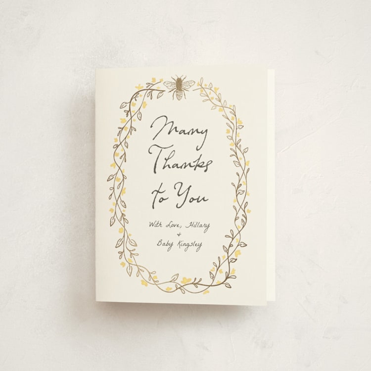 "Soon to Bee" - Foil-Pressed Baby Shower Thank You Cards in Buttercup by Heather Schertzer - Front