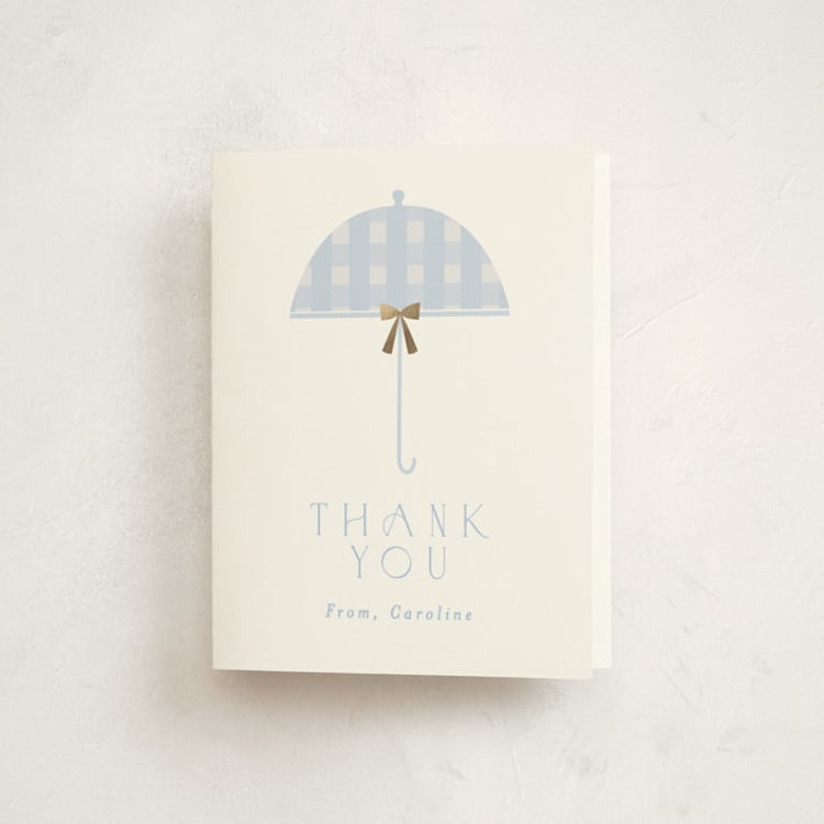 "Plaid Brolly" - Foil-Pressed Baby Shower Thank You Cards in Sky by Angela Thompson - Front