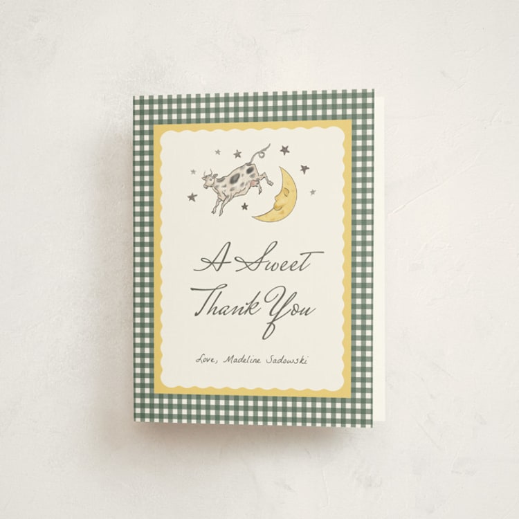 "Over the Moon" - Foil-Pressed Baby Shower Thank You Cards in Dandelion by Heather Schertzer - Front