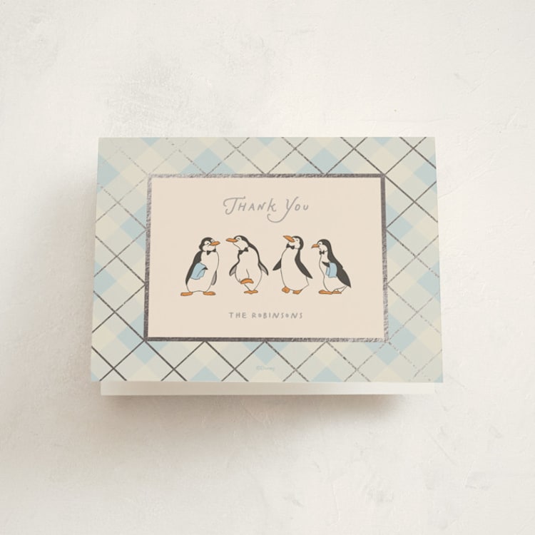 "Disney’s Mary Poppins Jolly Penguins" - Foil-Pressed Baby Shower Thank You Cards in Ice by Creo Study - Front