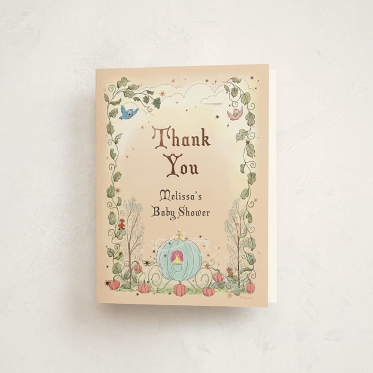 "Disney's Cinderella Pumpkin Patch" - Foil-Pressed Baby Shower Thank You Cards in Peach by Becky Nimoy - Front