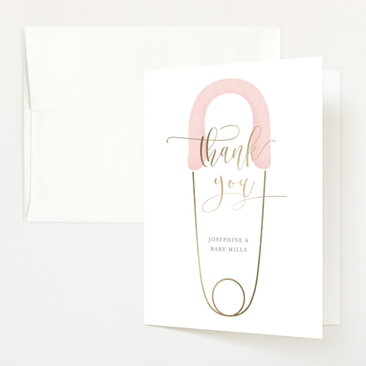 "Diaper Pin" - Foil-Pressed Baby Shower Thank You Cards in Petal by Lehan Veenker - Front
