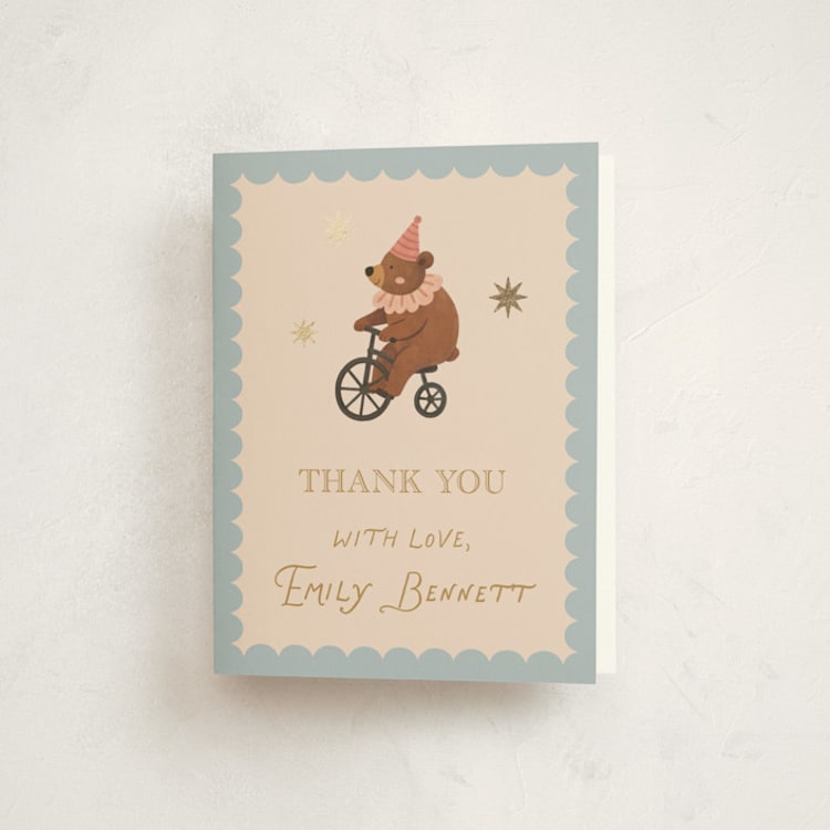 "Little Circus" - Foil-Pressed Baby Shower Thank You Cards in Mustard by Rina Ozum - Front