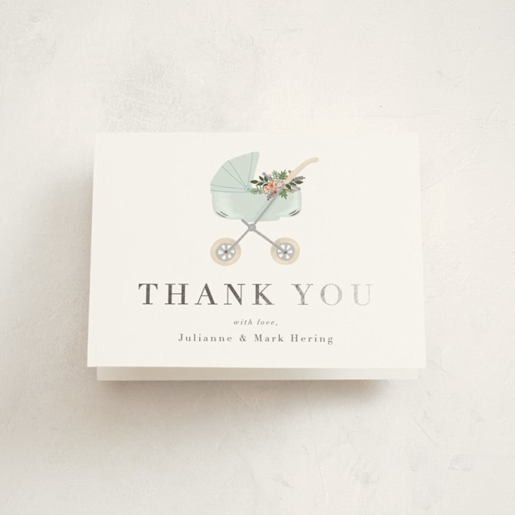 "Love and Flowers" - Foil-Pressed Baby Shower Thank You Cards in Mint by Juliana Zimmermann - Front
