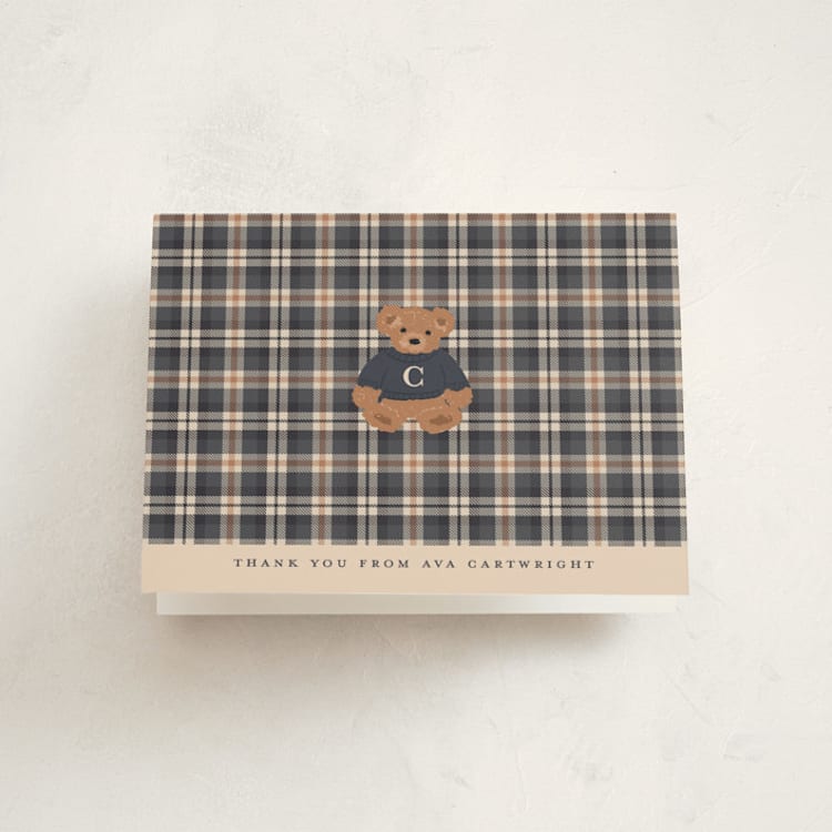 "Teddy Bear Monogram" - Baby Shower Thank You Cards in Navy by Erin German - Front