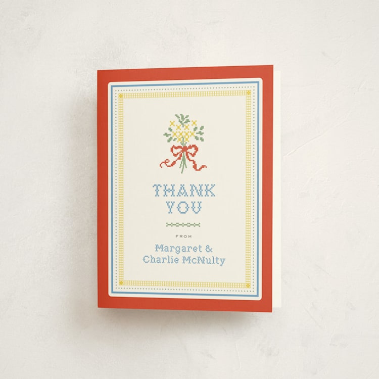 "Cross-Stitched Sampler" - Baby Shower Thank You Cards in Rainbow by Erin L. Wilson - Front