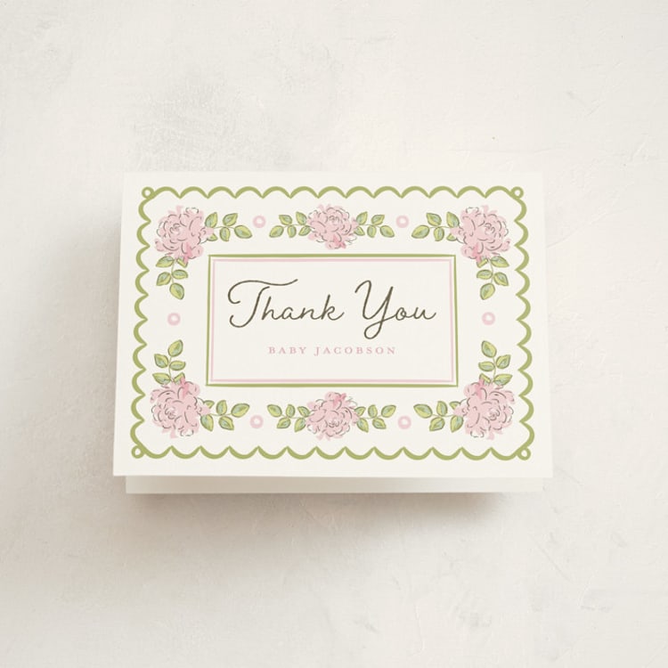 "Garden Rose Doily" - Baby Shower Thank You Cards in Rose by Holton Art and Design - Front
