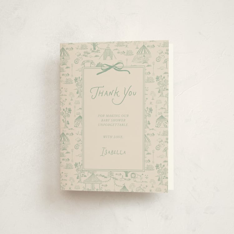 "Animal Circus Toile" - Baby Shower Thank You Cards in Pistachio by Kartika Paramita - Front