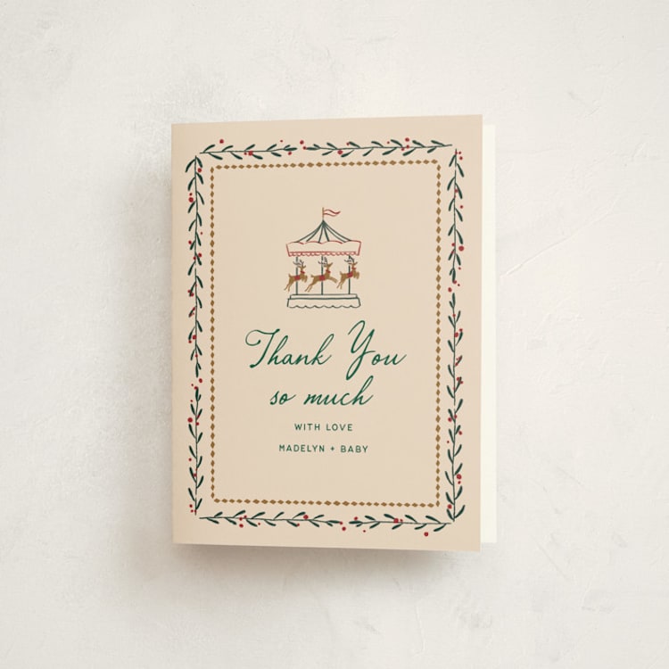 "Winter Deer Carousel" - Baby Shower Thank You Cards in Almond Milk by Leia Matt - Front