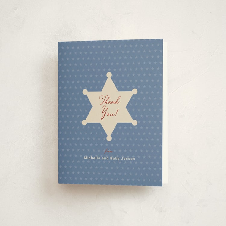 "Baby Sheriff" - Baby Shower Thank You Cards in Cream by Ilene Guy - Front