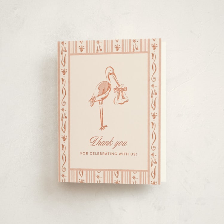 "Watercolor Stork Baby Shower Invitation" - Baby Shower Thank You Cards in Blush by Kaylee Morgan - Front