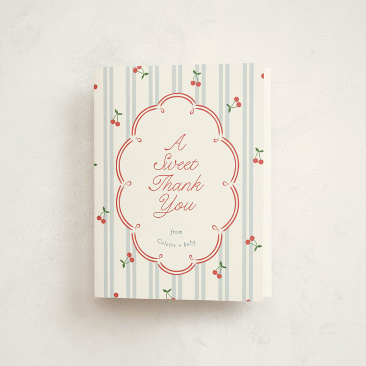 "Cherry Sweet Stripe" - Baby Shower Thank You Cards in Sky by Leia Matt - Front