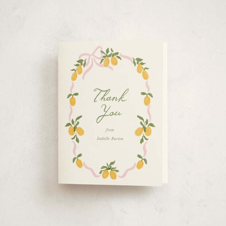 "Lemon and Ribbon" - Baby Shower Thank You Cards in Pink Lemonade by Angela Garrick - Front