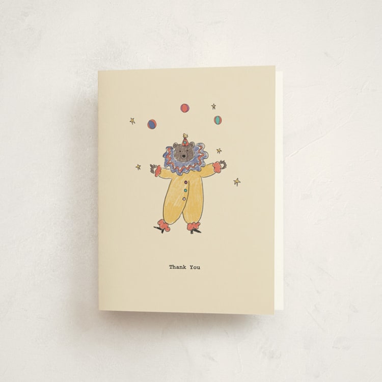 "Illustrated Circus Theme with Juggling Bear" - Baby Shower Thank You Cards in Crimson by Noun New York - Front