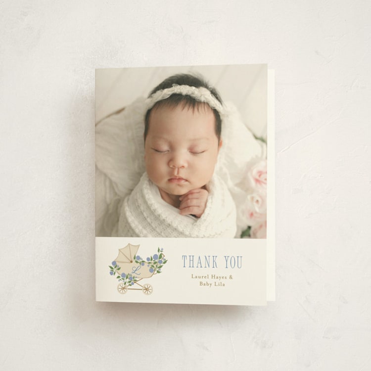 "Hydrangea Pram" - Baby Shower Thank You Cards in Sky by Cindy Reynolds - Front