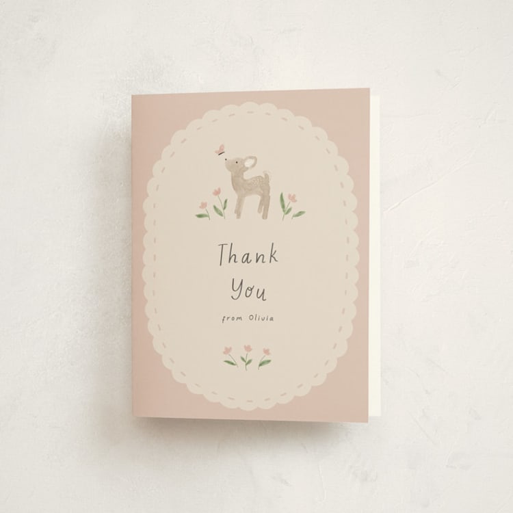 "Woodland Fawn" - Baby Shower Thank You Cards in Blush by JeAnna Casper - Front