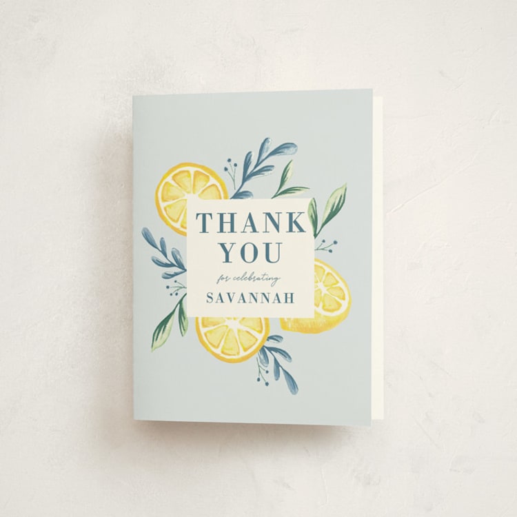 "Lemons" - Baby Shower Thank You Cards in Pale Blue by Megan Cash - Front