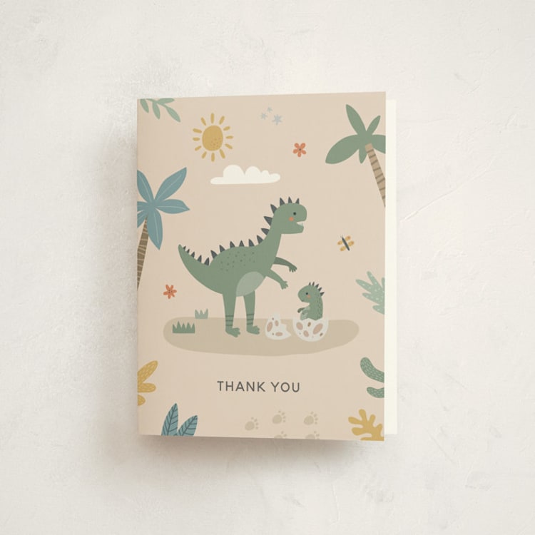 "Baby Dino" - Baby Shower Thank You Cards in Tan by Britt - Front