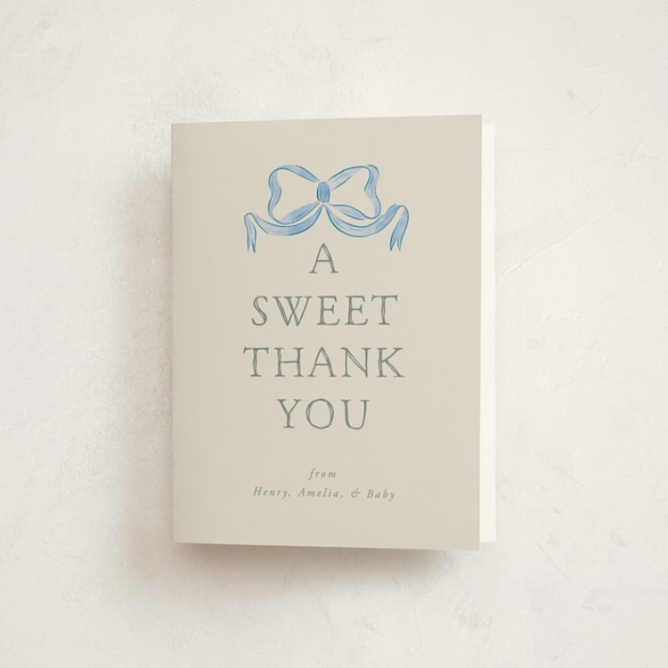 "Vintage Bow" - Baby Shower Thank You Cards in Baby Blues by Lehan Veenker - Front