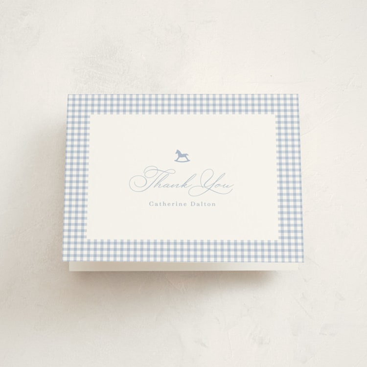 "Gingham Rockinghorse" - Baby Shower Thank You Cards in Baby Blue by Olivia Raufman - Front
