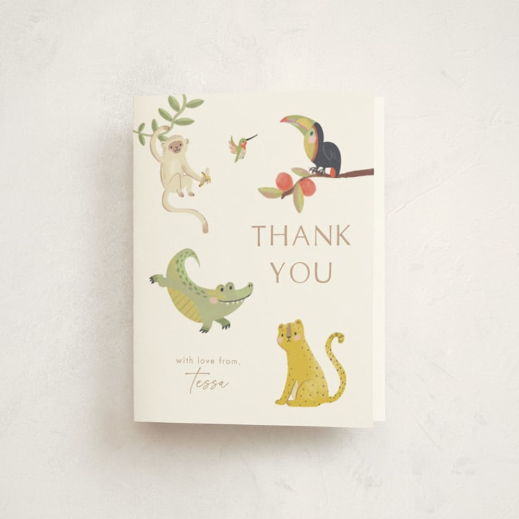 "Tropical Animals" - Baby Shower Thank You Cards in Ivory by Kate Blalock - Front